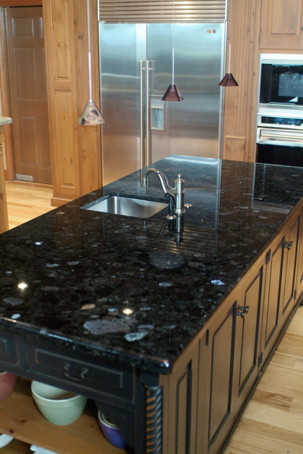 Green Seafom Volga Blue And Black Galaxy Granite Rustic Kitchen Example Of A Mountain Style Home Design In Seattle