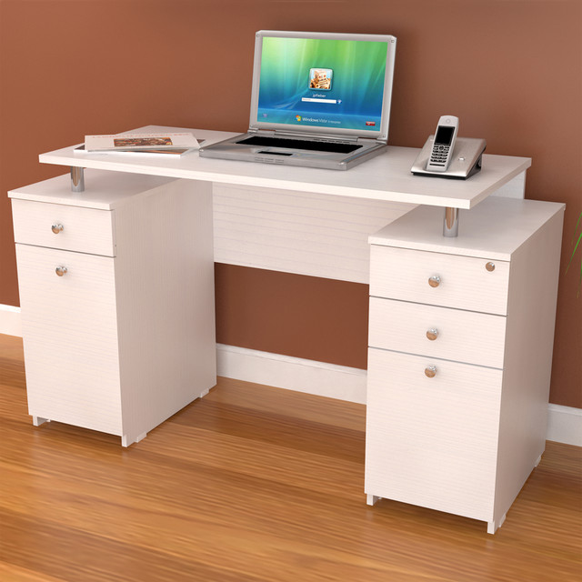 Inval White Modern Straight Computer Writing Desk with Locking File Drawer