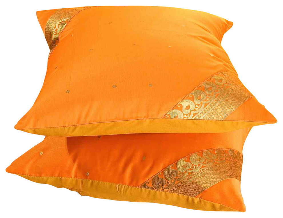 Pumpkin- 2  handcrafted Sari European Pillow Cover, Euro Sham 26" X 26"