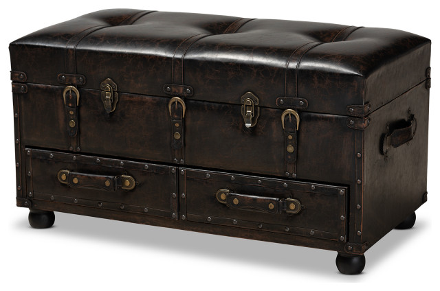 Cardenas Dark Brown Faux Leather Upholstered 2-Drawer Storage Trunk Ottoman