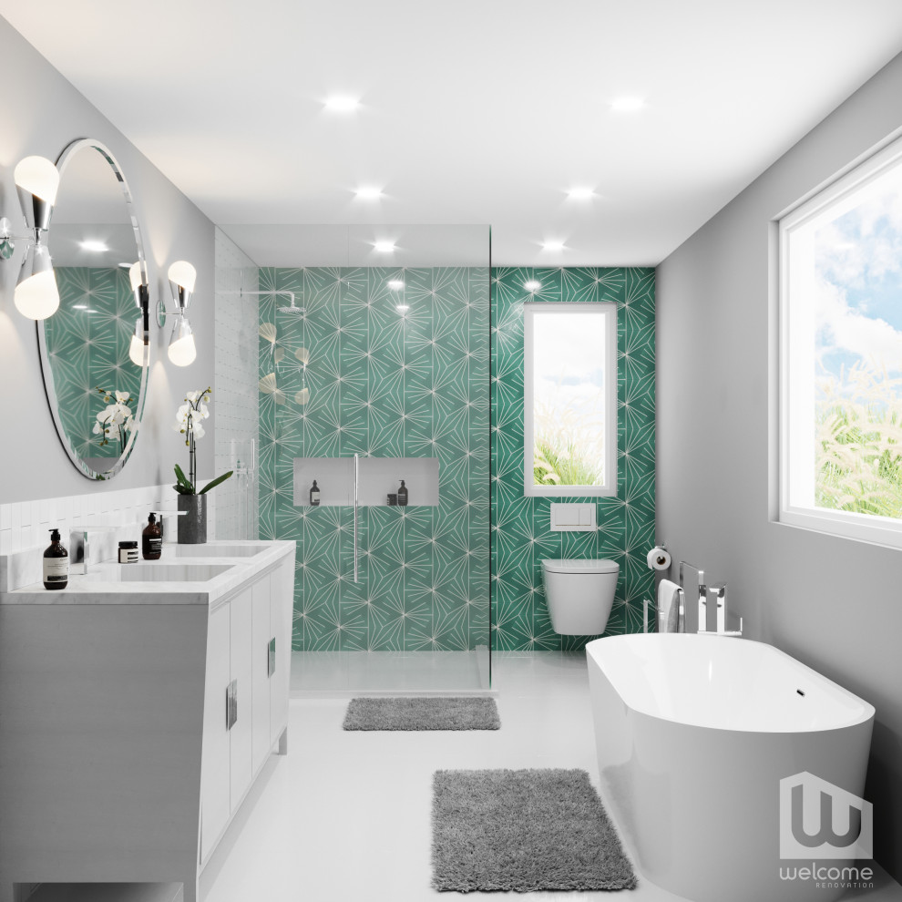 This is an example of a large midcentury master bathroom in Los Angeles with flat-panel cabinets, white cabinets, a freestanding tub, a corner shower, a wall-mount toilet, green tile, cement tile, grey walls, ceramic floors, an undermount sink, engineered quartz benchtops, white floor, a hinged shower door, white benchtops, a niche, a double vanity, a freestanding vanity and decorative wall panelling.