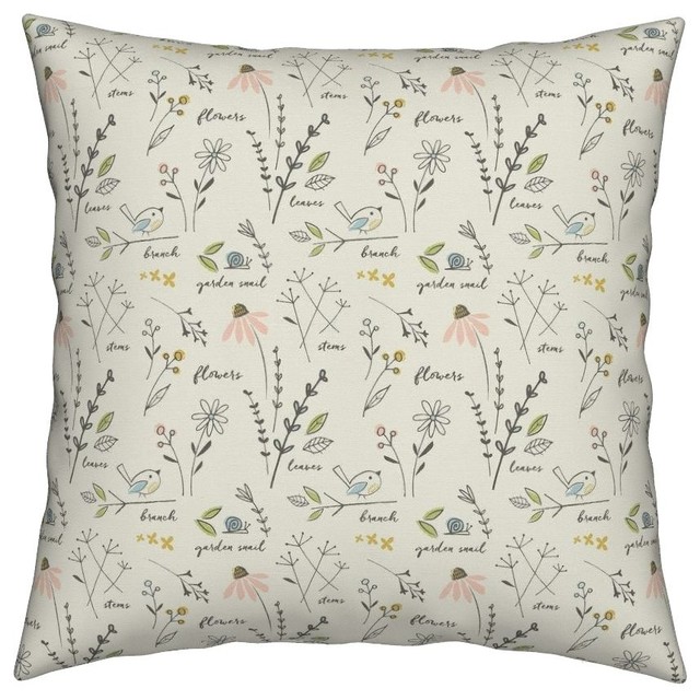 Sketchbook Garden Snail Floral Botanical Throw Pillow