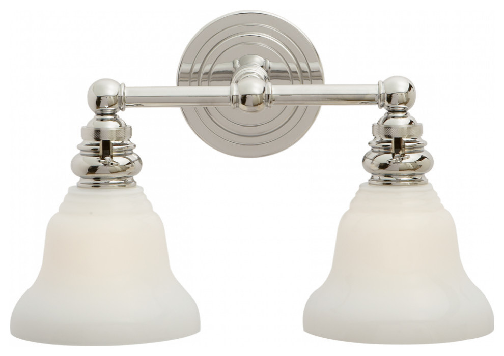 Boston Wall Sconce, 2-Light, Polished Nickel, White Glass Desk Shade, 9"H
