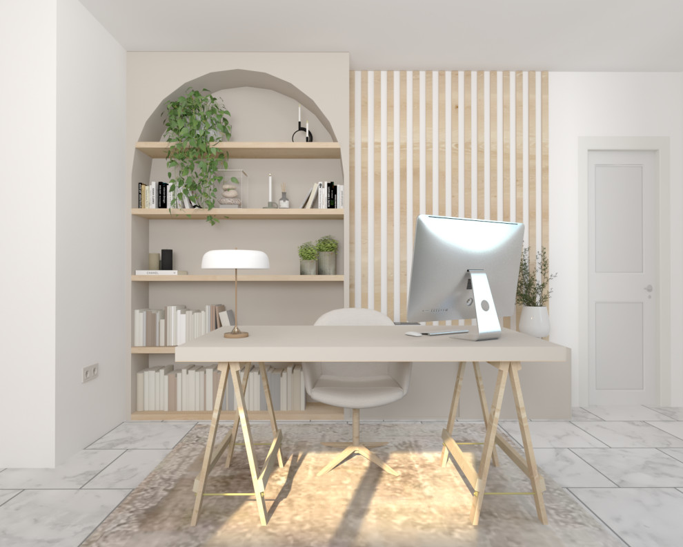Inspiration for a large contemporary home office in Malaga with white walls, porcelain floors, a two-sided fireplace, white floor, recessed and wallpaper.