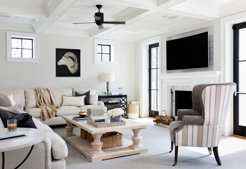 Large farmhouse open concept medium tone wood floor and brown floor living room photo in DC Metro with white walls, a standard fireplace, a stone fireplace and a wall-mounted tv