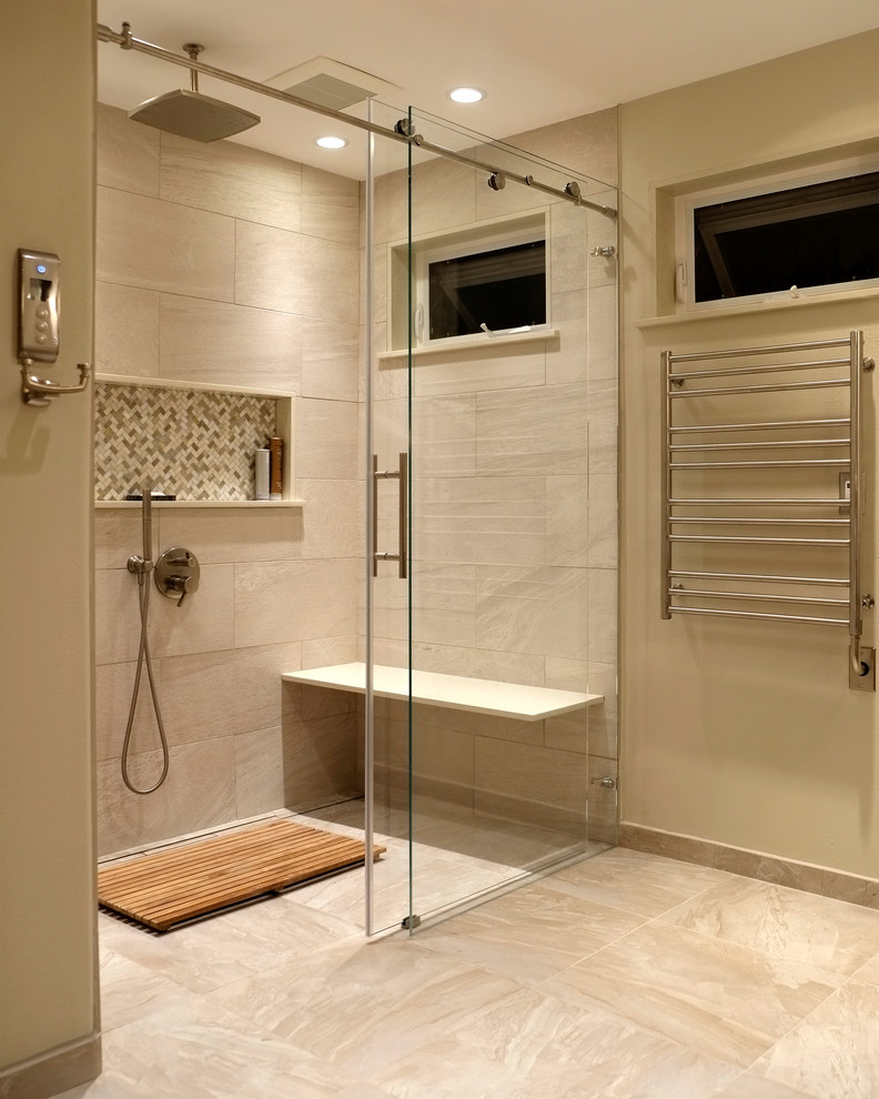 Inspiration for a large contemporary master bathroom in Seattle with an undermount sink, light wood cabinets, engineered quartz benchtops, a curbless shower, beige tile, porcelain tile, beige walls and porcelain floors.
