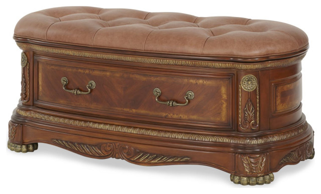 AICO Cortina Leather Bedside Bench in Honey Walnut - Victorian