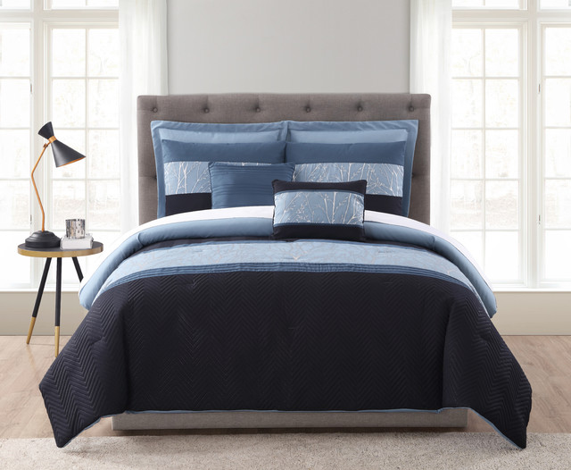 Mhf Home Madison Blue And Silver Foil Embellished 7 Piece