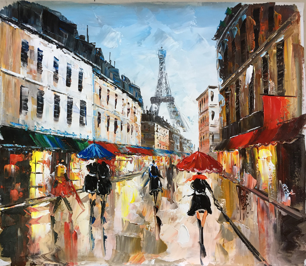 "Rainy Paris Streets II" Oil Painting Print on Wrapped Canvas; Modern