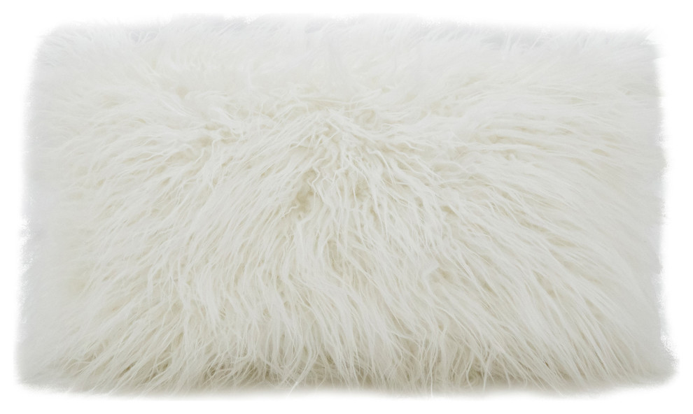 Mongolian Faux Fur Poly Filled Throw Pillow, Ivory, 12"x20"