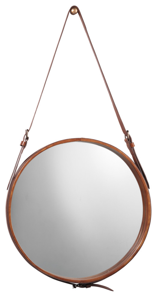 Brown Leather Round Wall Mirror, 16"