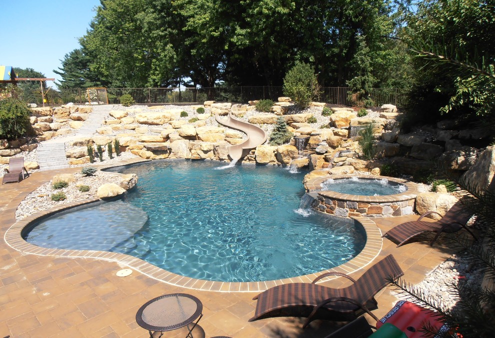 City of Allentown custom salt water pool with spa, slide, sunshelf