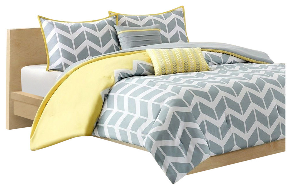 Full Queen 5 Piece Chevron Stripes Comforter Set In Gray White