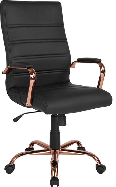 High Back Black Leather Executive Swivel Chair with Rose Gold Frame and Arms