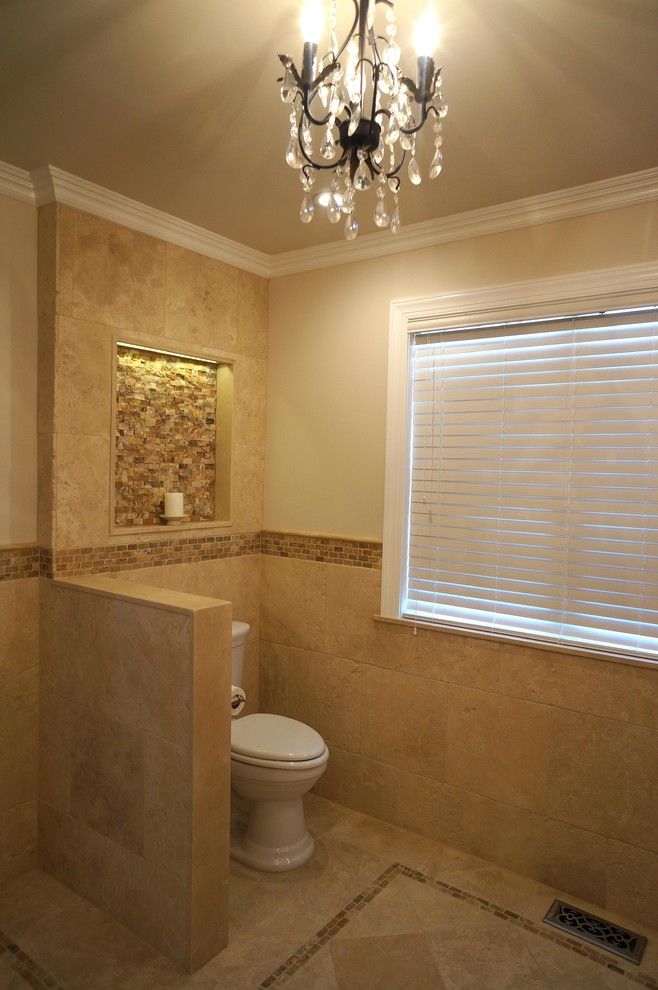 Inspiration for a mid-sized traditional master bathroom in Philadelphia with louvered cabinets, dark wood cabinets, an alcove shower, beige tile, ceramic tile, white walls, ceramic floors, a vessel sink and quartzite benchtops.