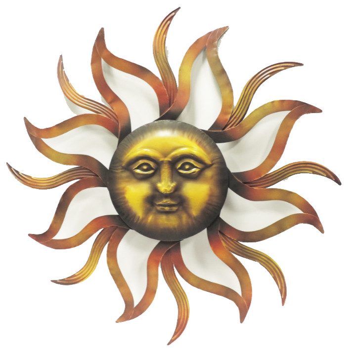 35 Inch Round Hanging Metal Sun Wall Art Decor With Facial Details