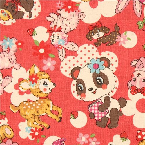 pink-red Canvas kawaii animal fabric Kokka panda bear deer
