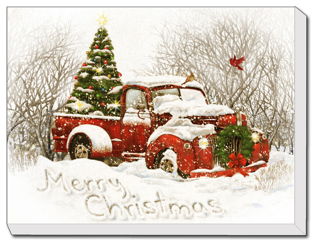 Vintage Christmas Tree Truck Led Lighted Canvas Printed Art Contemporary Prints And Posters By Trendydecor4u