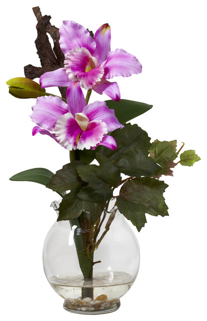 Mini Cattleya With Fluted Vase Silk Flower Arrangement - Contemporary ...