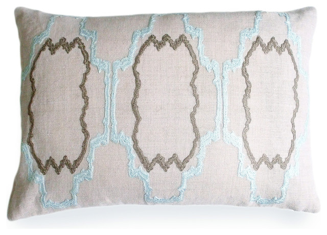 Lilly Natural Linen Pillow Pale Blue And Light Gray Embroidery