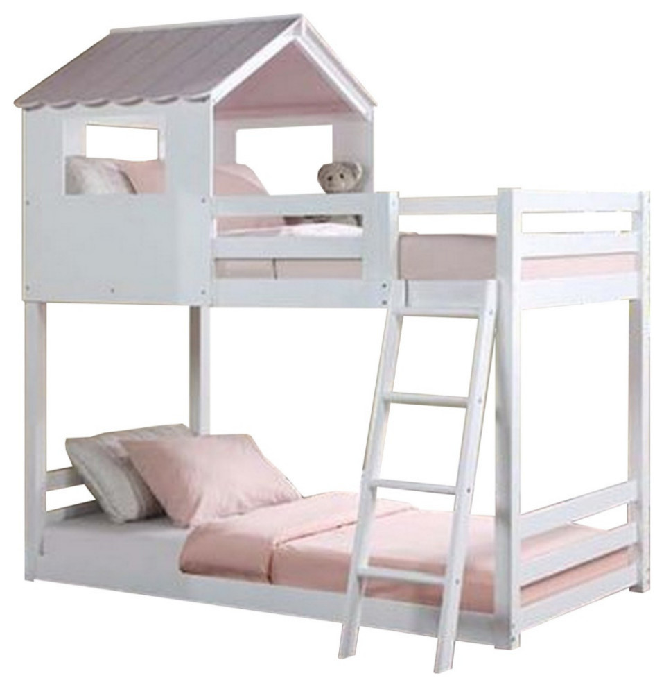 Twin Over Twin Bunk Bed With Fixed Ladder and Pitched Top Roof, White