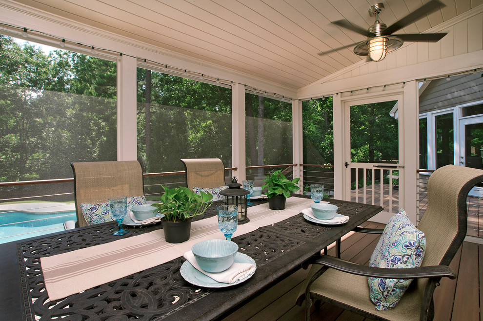 Inspiration for a transitional screened-in back porch remodel in Atlanta with a roof extension