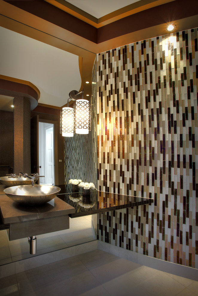 Design ideas for an expansive contemporary 3/4 bathroom in Detroit with open cabinets, brown cabinets, beige tile, black tile, black and white tile, brown tile, white tile, matchstick tile, multi-coloured walls, ceramic floors, a vessel sink and glass benchtops.