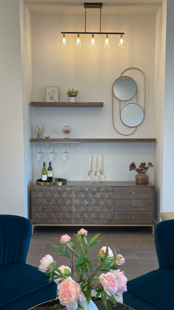 This is an example of a small modern single-wall dry bar in Austin with beaded cabinets, grey cabinets, wood worktops, light hardwood flooring, grey floors and grey worktops.