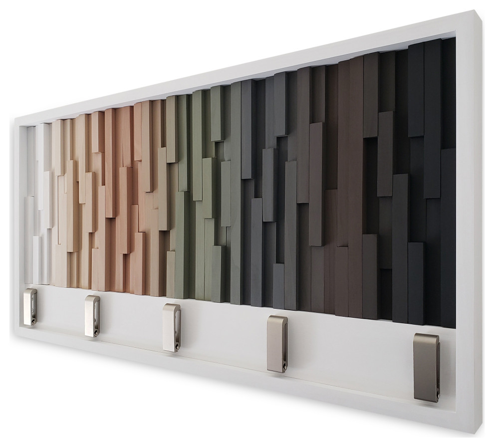 Modern Wood Wall Coat Rack With Flip Down Hooks, Satin Nickel Hooks