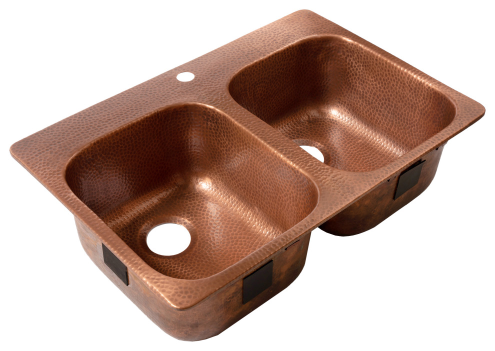 Santi 33" Drop-in Copper Double Bowl Kitchen Sink, 1-Hole