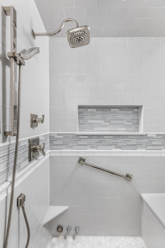 This is an example of a large transitional bathroom in Indianapolis with flat-panel cabinets, white cabinets, porcelain floors and grey floor.