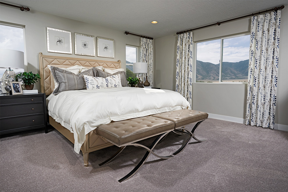 Contemporary master bedroom in Denver with carpet and grey floor.