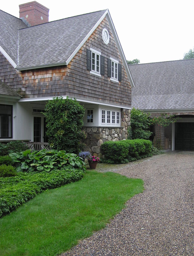 Country exterior in Portland Maine with wood siding.