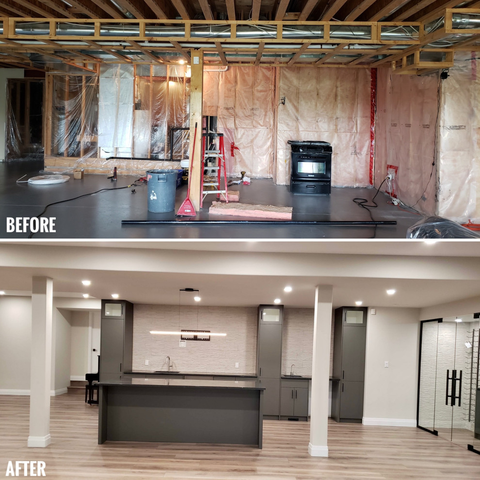 Example of a large transitional walk-out vinyl floor basement design with a bar and a tile fireplace