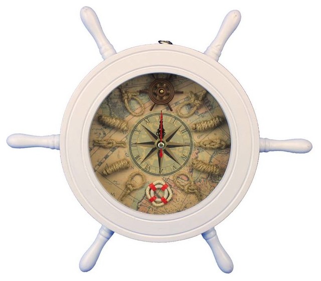 White Ship Wheel Clock 12'', Decorative Clocks, Nautical Wall Decor