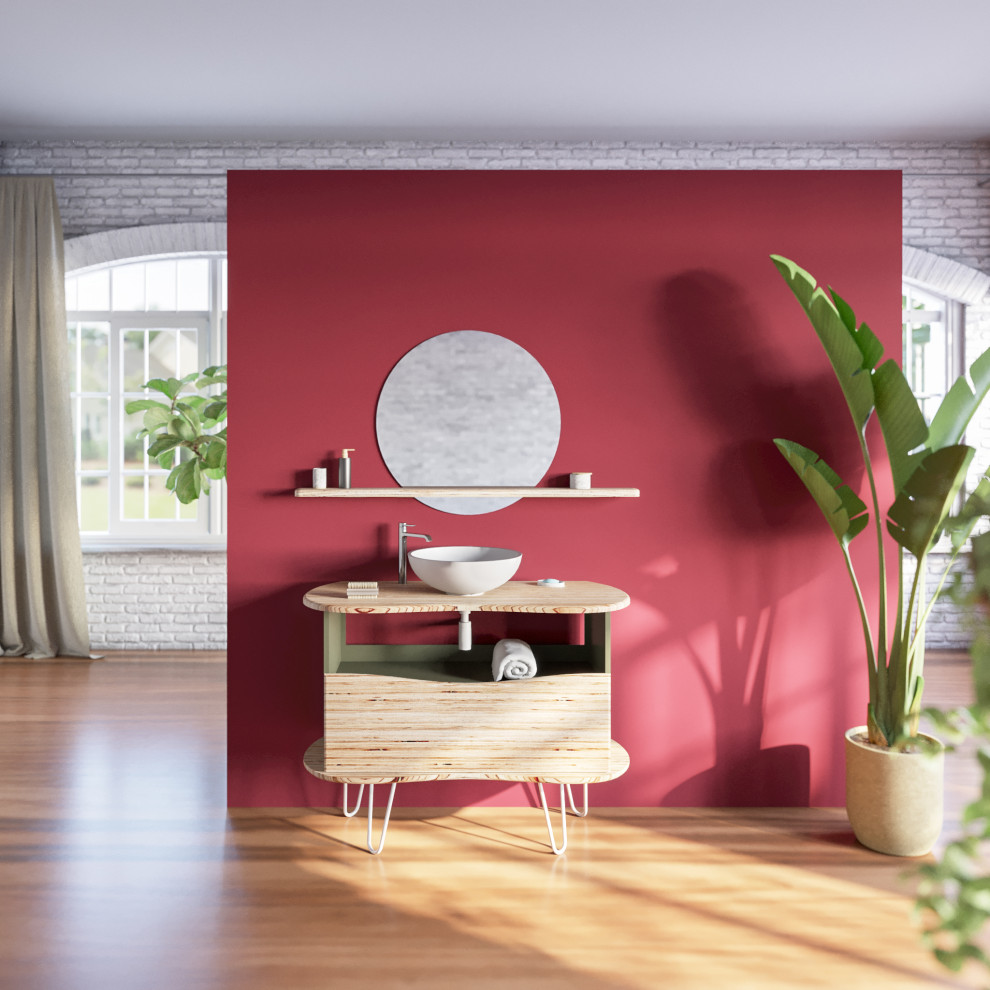 Foto de cuarto de baño contemporáneo de tamaño medio con baldosas y/o azulejos rojos, paredes rojas, suelo de madera clara, aseo y ducha, lavabo con pedestal, encimera de madera, suelo marrón y encimeras marrones