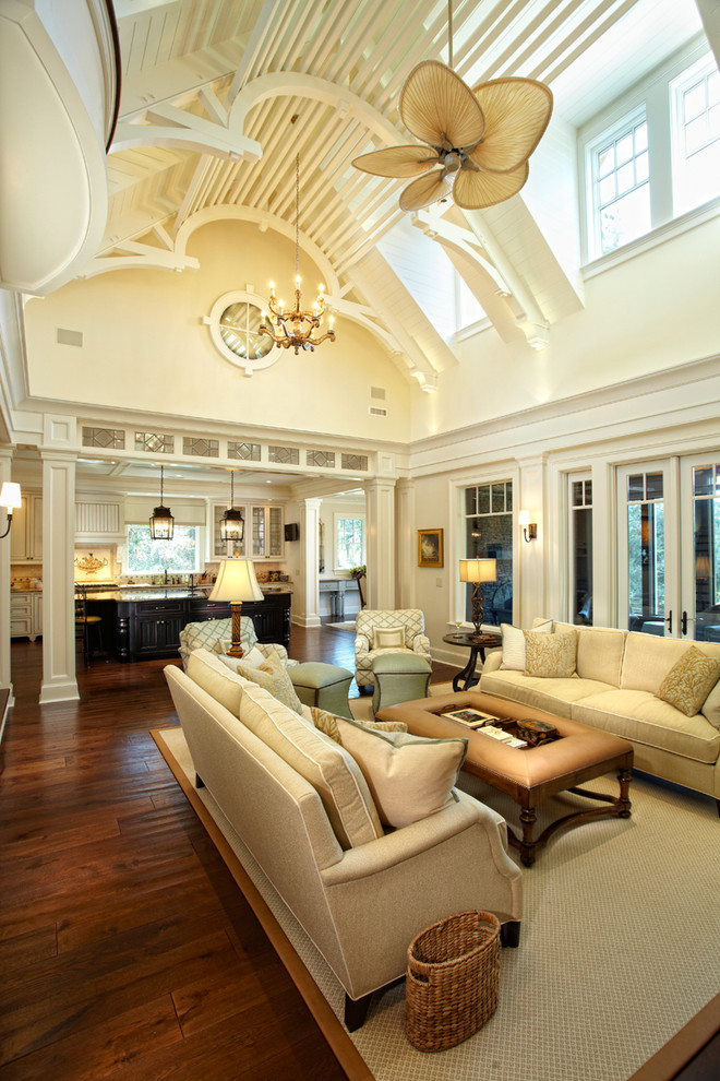 Tropical formal open concept living room in Charleston.