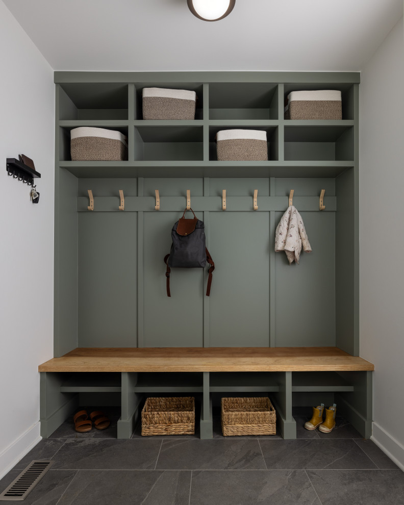 Inspiration for a transitional gray floor mudroom remodel in Detroit