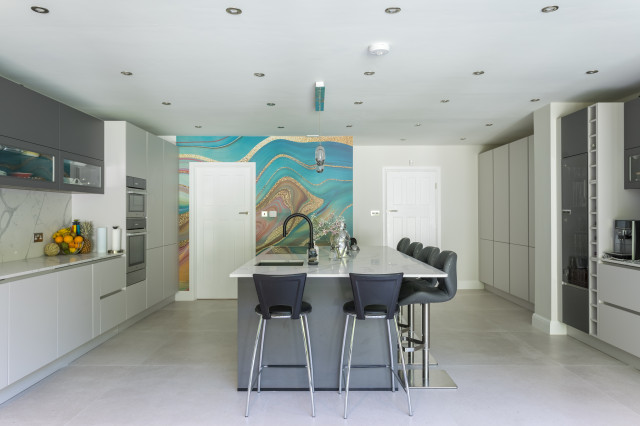 Kitchen Island with Marble Worktop Facing Feature Wall, Epsom, Surrey contemporary-kitchen