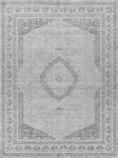 Heritage Power Loomed Polyester and Acrylic Light Blue/Rust Area Rug, 2'6"x12'