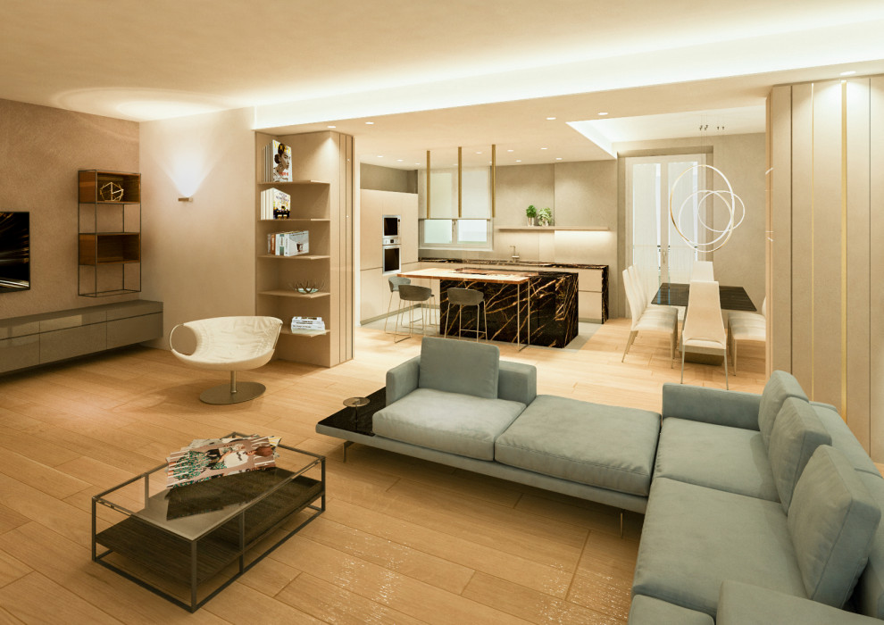 Großes Modernes Wohnzimmer mit weißer Wandfarbe, hellem Holzboden, Hängekamin, Kaminumrandung aus Holz, TV-Wand und eingelassener Decke in Florenz