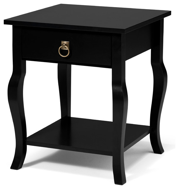 Lillian Wood Side Table With Curved Legs, Drawer and Shelf