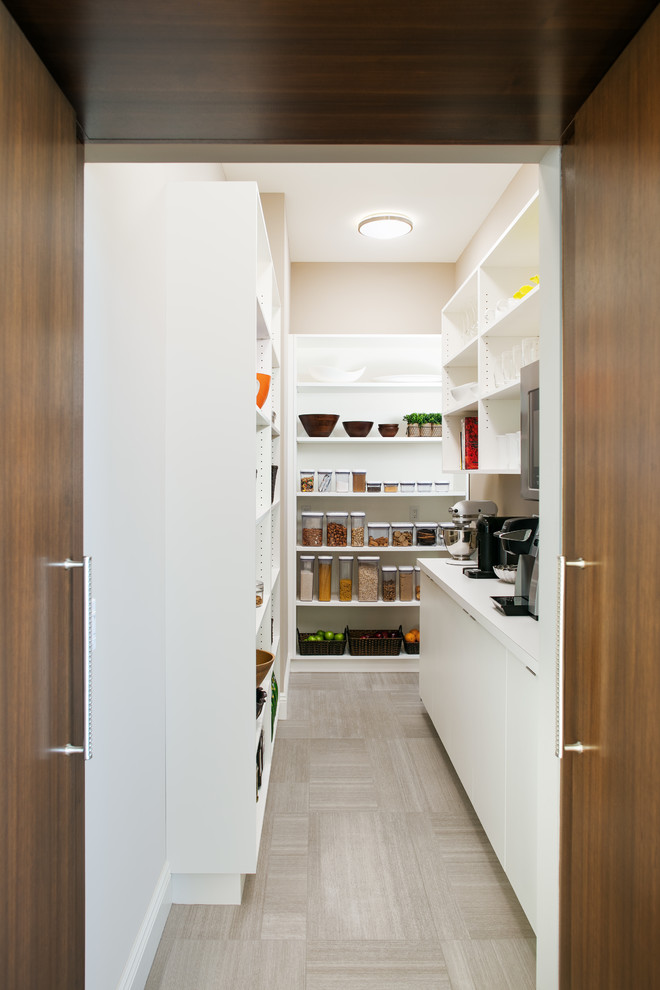 Transitional u-shaped beige floor kitchen pantry photo in Omaha with flat-panel cabinets and white cabinets