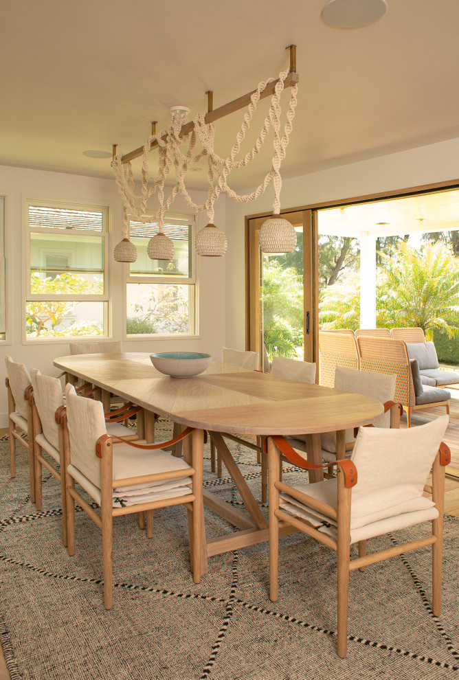 Photo of a large beach style open plan dining in San Francisco with beige walls.
