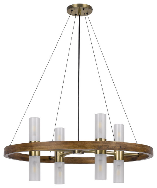 Benzara BM282184 Chandelier, Round Outer Frame, 4 Frosted Glass Shades, Brass