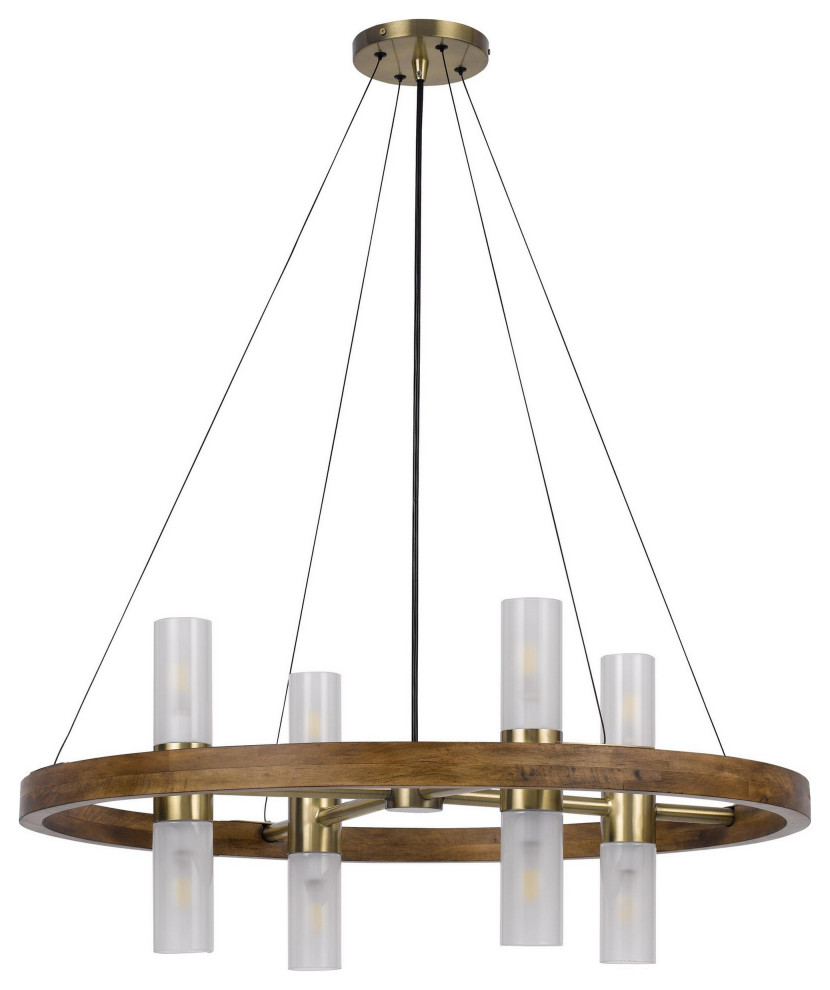 Benzara BM282184 Chandelier, Round Outer Frame, 4 Frosted Glass Shades, Brass