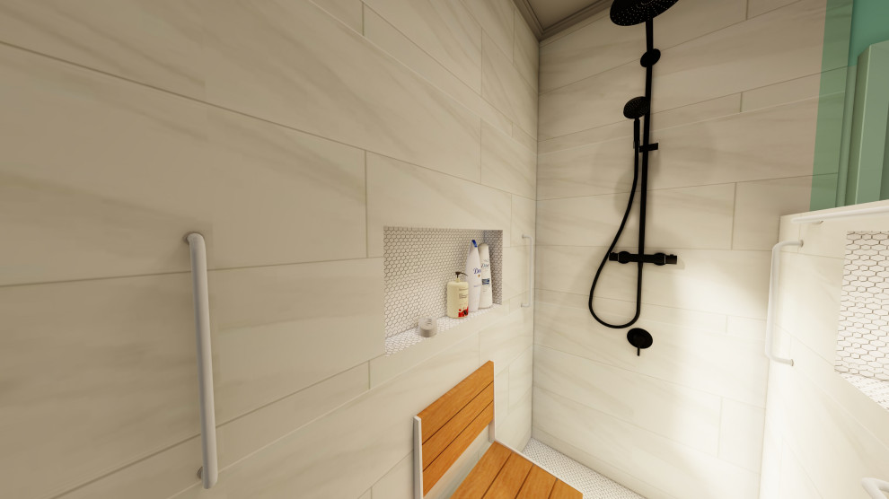 Idee per una piccola stanza da bagno padronale design con doccia a filo pavimento, doccia aperta e mobile bagno incassato