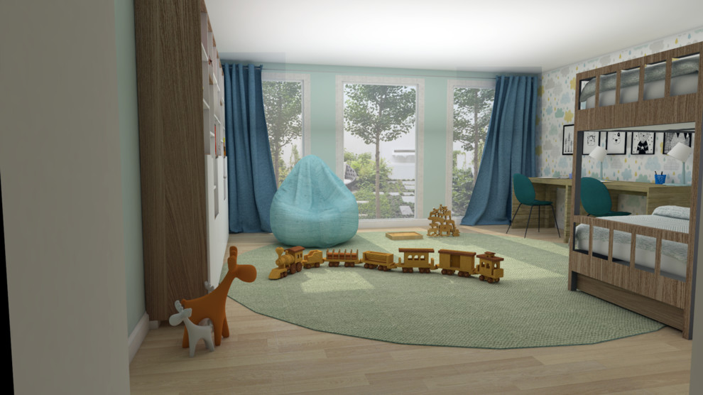 Design ideas for a small scandinavian kids' bedroom for boys in Madrid with light hardwood floors.