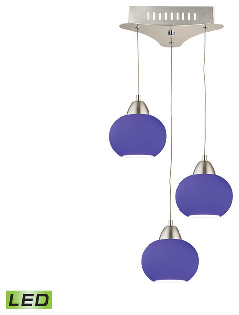 Satin Nickel Elk Lighting LCA403-7-16M Ciotola 3 Light LED Pendant with Blue Glass