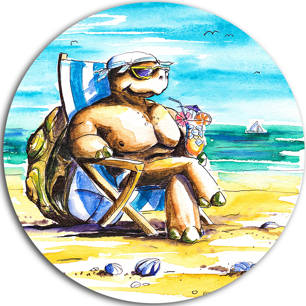 Turtle Enjoying Holidays On Beach, Seashore Round Wall Art, 36"